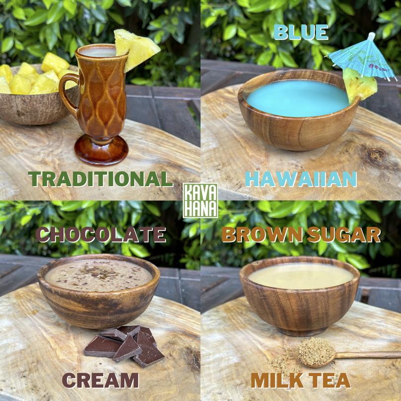 Kavahana Drinks: Try our refreshing and innovative kava beverages, including traditional style, blue hawaiian, chocolate cream, and brown sugar milk tea.